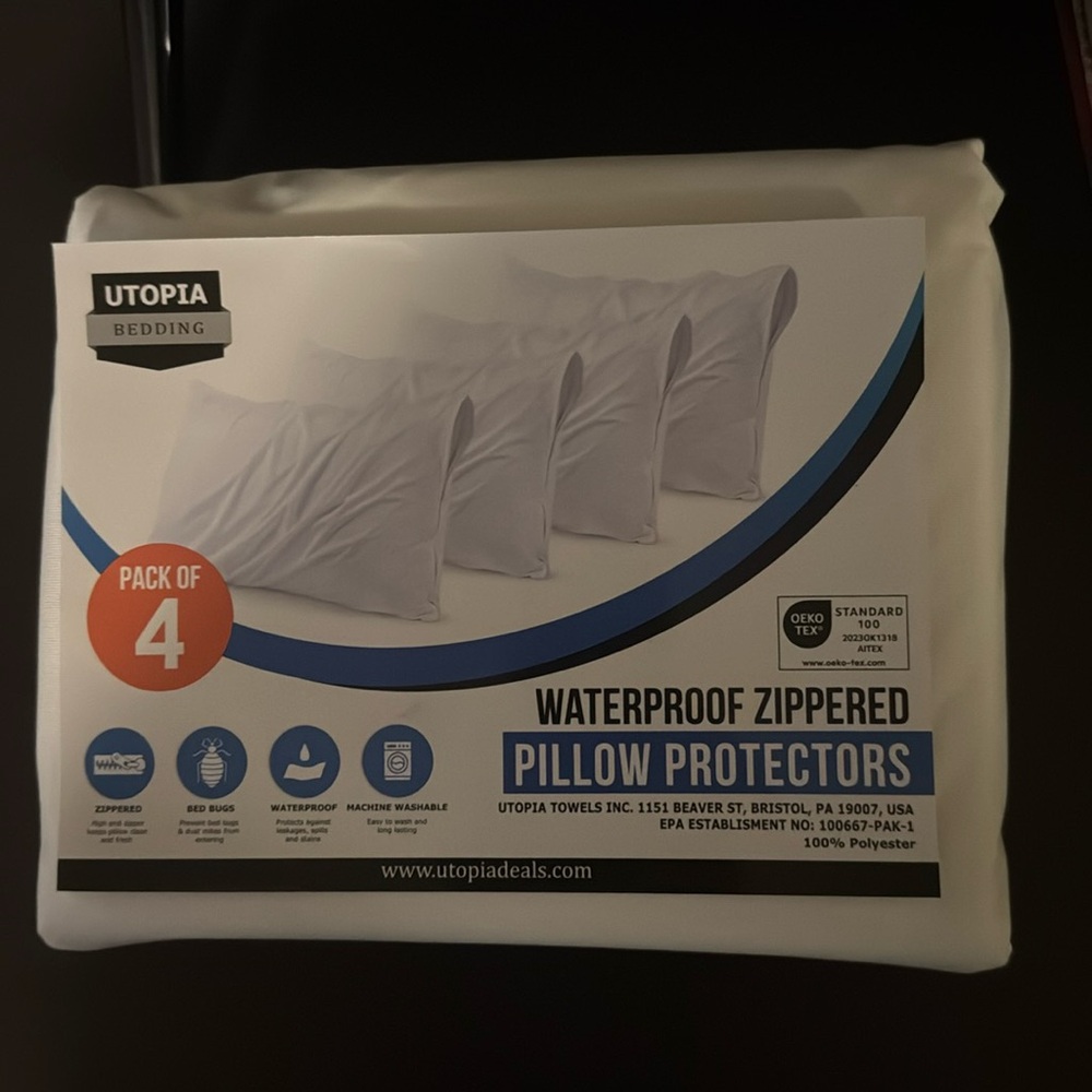 (NEW) UTOPIA BEDDING - 4 Pack of Waterproof Zippered Pillow Protectors